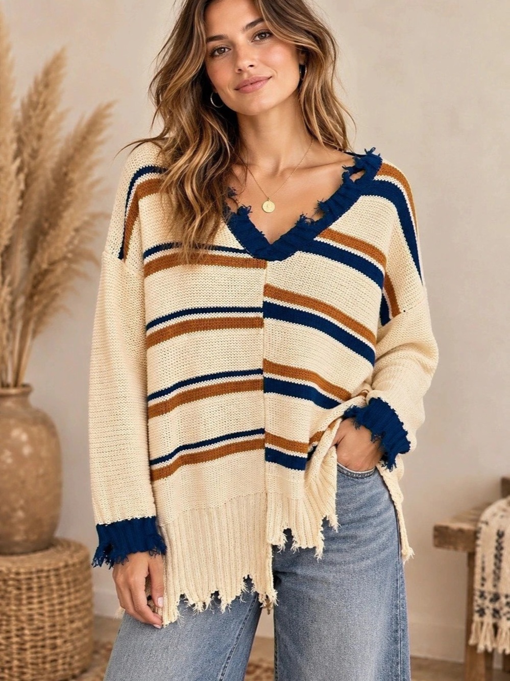 POL Striped Sweater in Cream & Blue (101010) 🍂 ☀️